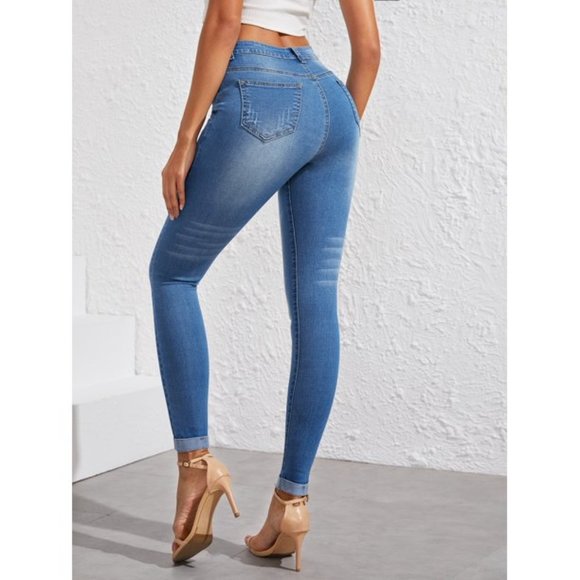 shein womens stonewash cat whiskers skinny jeans medium cuffed ankle med wash - Picture 4 of 9